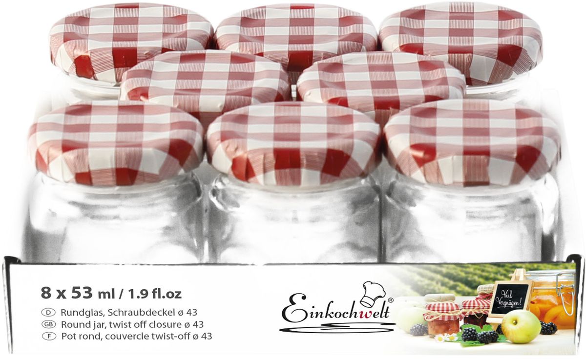 Банка для сыпучих продуктов Einkochwelt Twist, 53 мл. 8 штVT-1520(SR) Банка для сыпучих продуктов Einkochwelt Twist, 53 мл. 8 штVT-1520(SR)Набор банок для сыпучих продуктов Einkochwelt Twist изготовлен из прочного стекла и дополненметаллическими крышками. Набор состоит из восьми банок круглой формы. Банки предназначены для хранения сыпучих продуктов и консервации. Удобные крышки сделают процесс приготовления домашних заготовок легким и приятным, а также обеспечат надежное хранение готовых продуктов. Оригинальная форма банок позволит им стать не только полезными изделиями, но и украшением интерьера вашей кухни.Объем банки: 53 мл.
