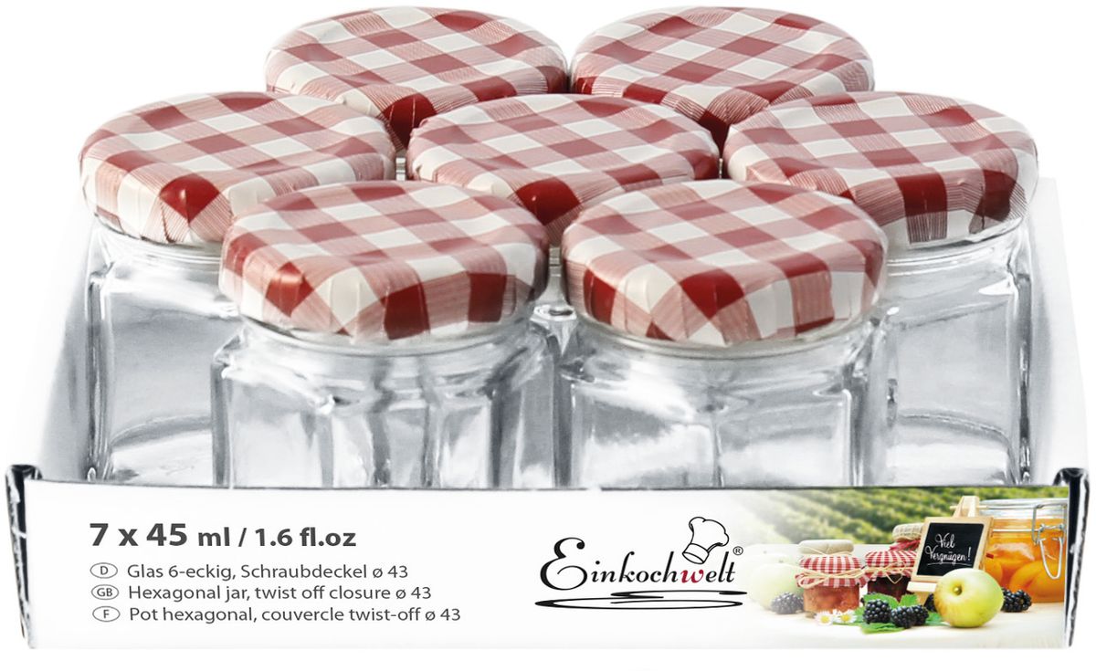 Банка для сыпучих продуктов Einkochwelt Twist, 45 мл. 7 штVT-1520(SR) Банка для сыпучих продуктов Einkochwelt Twist, 45 мл. 7 штVT-1520(SR)Набор банок для сыпучих продуктов Einkochwelt Twist изготовлен из прочного стекла и дополненметаллическими крышками. Набор состоит из семи банок круглой формы. Банки предназначены для хранения сыпучих продуктов и консервации. Удобные крышки сделают процесс приготовления домашних заготовок легким и приятным, а также обеспечат надежное хранение готовых продуктов. Оригинальная форма банок позволит им стать не только полезными изделиями, но и украшением интерьера вашей кухни.Объем банки: 45 мл.