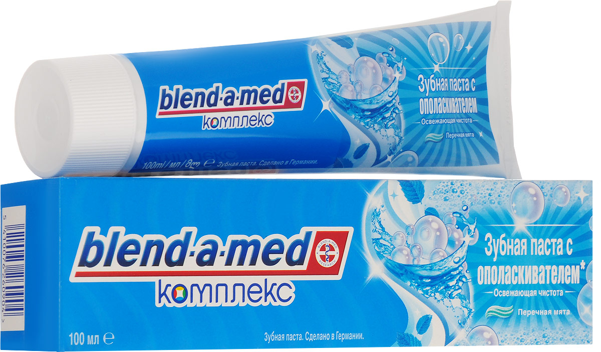 Blend-a-med Зубная паста Комплекс 7 с ополаскивателем, 100 мл8809296112525 Blend-a-med Зубная паста Комплекс 7 с ополаскивателем, 100 мл8809296112525Зубная паста Blend-a-med Комплекс 7 - легкое решение для здоровья полости рта с дополнительной выгодой. Обеспечивает антибактериальную защиту, удаляя до 99% бактерий и удаляет больше налета в сравнении с обычным фтором. Формула со Stannous Flouride. Чувство настоящего ополаскивателя. Содержит 5% настоящего жидкого ополаскивателя с освежающими ингредиентами, которые обеспечивают долгое ощущение свежести. Ополаскиватель представлен зеленой гелевой полоской в пасте. Характеристики: Объем: 100 мл. Производитель: Германия. Товар сертифицирован.
