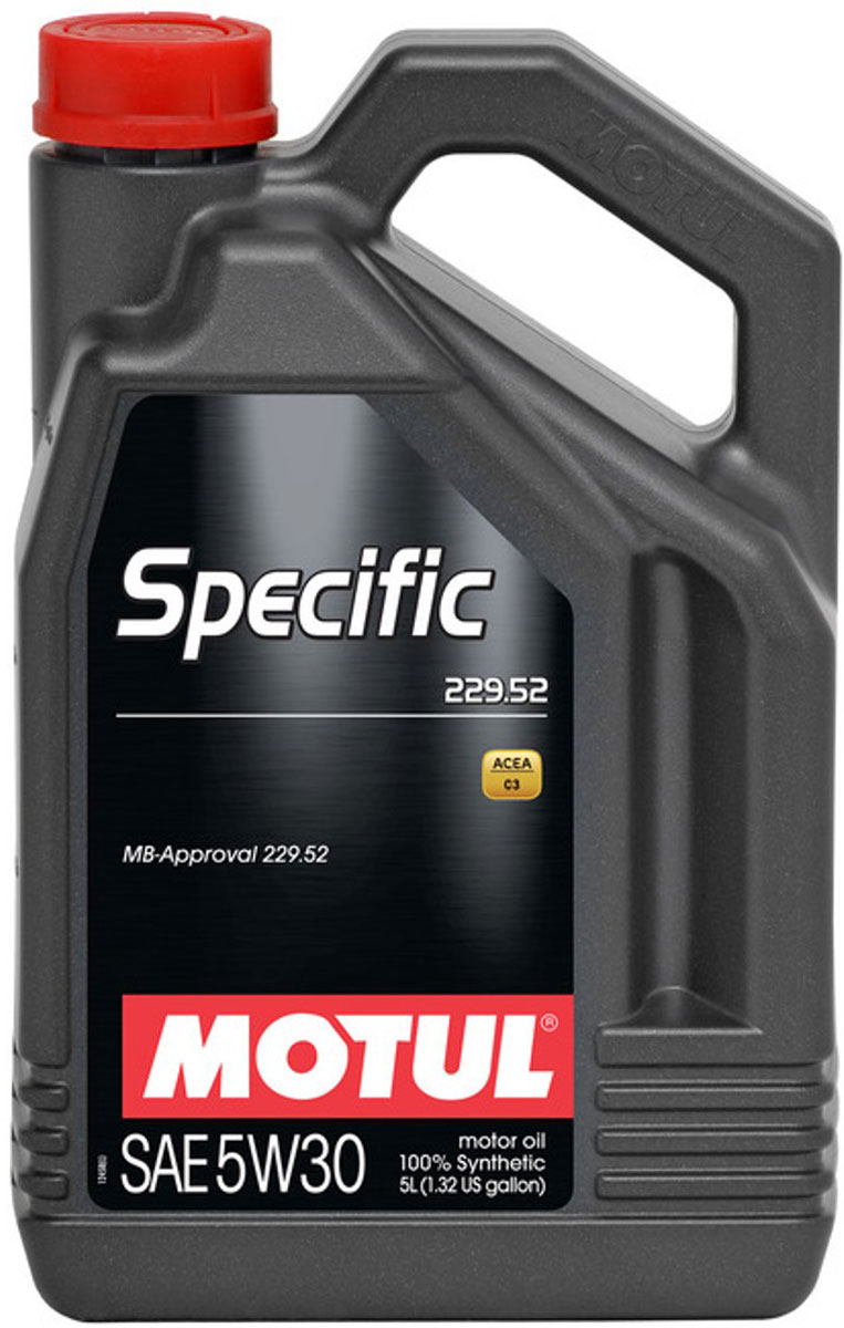 Масло моторное Motul Specific 229.52 MB, синтетическое, 5W-30, 5 л104845 Масло моторное Motul Specific 229.52 MB, синтетическое, 5W-30, 5 л104845100% синтетическое моторное масло, специально разработанное для обеспечения энергосберегающих свойств. Применяется для последнего поколения бензиновых и дизельных двигателей Mercedes Benz, в том числе оснащенных селективно-восстановительной системой (SCR). Имеет превосходную термоокислительную стабильность. Обратносовместим с требованиями MB 229.51 и MB 229.31. ACEA Стандарты: ACEA C3 API Стандарты: API PERFORMANCES SN/CF Одобрения: MB-Approval 229.52