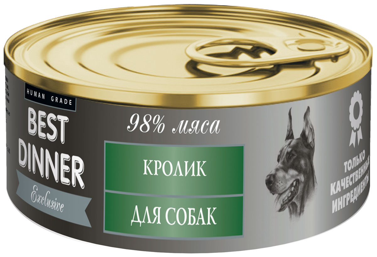 Консервы для собак Best Dinner Эксклюзив, с кроликом, 100 г74031 Консервы для собак Best Dinner Эксклюзив, с кроликом, 100 г74031Мясные консервы для собак Best Dinner – идеально сбалансированный, полноценный источник питания, ингредиенты которого оптимально подобраны исходя из нужд Вашего любимца. Корм изготовлен из натуральных компонентов без красителей, консервантов и ароматизаторов. Состав: мясо кролика, масло подсолнечное, желирующая добавка, соль, автолизат пивных дрожжей, вода питьевая. В 100 г содержится: сырой протеин, не менее 10,0 г; сырой жир, не более 10,0 г; сырая зола, не более 2,0 г; поваренная соль 0,3–0,7 г; влага, не более 85 %. Минеральные вещества в 100 г продукта: общий фосфор, не более 0,5 г; кальций, не более 0,3 г. Энергетическая ценность 100 г продукта: 130,0 ккал. Условия хранения: при температуре от 0 до 25 °C и относительной влажности воздуха не более 75 %. Рекомендуется употреблять при комнатной температуре. После вскрытия потребительской упаковки продукт хранить в холодильнике не более 2 суток. Суточная норма: 70–90 г на 1 кг веса животного,...