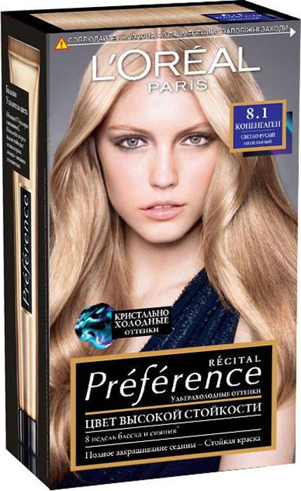 LOreal Paris Стойкая краска для волос Preference, оттенок 8.1, КопенгагенБ33041_шампунь-барбарис и липа, скраб -черная смородина LOreal Paris Стойкая краска для волос Preference, оттенок 8.1, КопенгагенБ33041_шампунь-барбарис и липа, скраб -черная смородинаКраска для волос Лореаль Париж Преферанс - премиальное качество окрашивания! Она создана ведущими экспертами лабораторий Лореаль Париж в сотрудничестве с профессиональным колористом Кристофом Робином. В результате исследований был разработан уникальный состав краски, основанный на более объемных красящих пигментах. Стойкая краска способна дольше удерживаться в структуре волос, создавая неповторимый яркий цвет, устойчивый к вымыванию и возникновению тусклости. Комплекс Экстраблеск добавит блеска насыщенному цвету волос. Красивые шелковые волосы с насыщенным цветом на протяжении 8 недель после окрашивания! В состав упаковки входит: флакон гель-краски (60 мл), флакон-аппликатор с проявляющим кремом (60 мл), бальзам Усилитель цвета (54 мл), инструкция, пара перчаток.