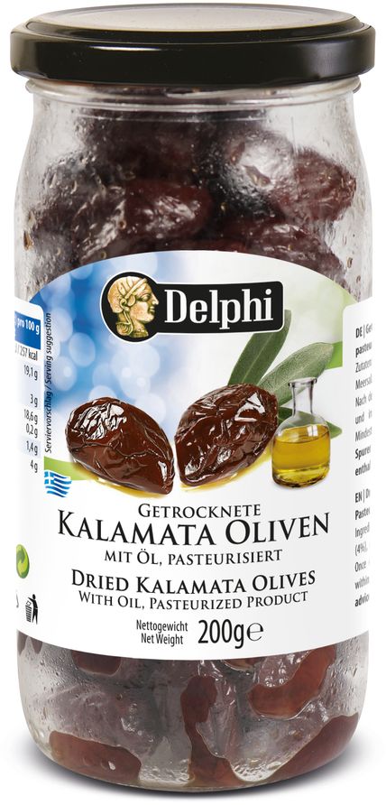 Delphi оливки Каламата с косточкой сушеные, 200 г51.0087,1 Delphi оливки Каламата с косточкой сушеные, 200 г51.0087,1Вяленые оливки в подсолнечном масле. Масса нетто 200 г. Масса основного продукта 200 г. Продукт не содержит ГМО.