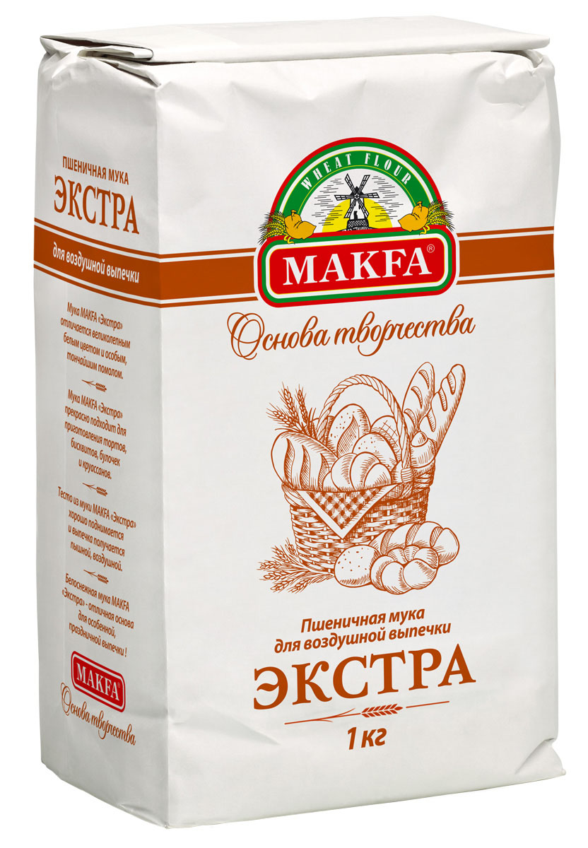 Makfa Экстра мука пшеничная, 1 кг0120710 Makfa Экстра мука пшеничная, 1 кг0120710Мука тонкого помола для кондитерской выпечки.Нежная и воздушная мука MAKFA Экстра особенно хороша в кондитерской выпечке. Ее ценят за белизну, нежность и шелковистость. Шеф-повара рекомендуют использовать муку сорта Экстра для приготовления багетов, тортов, бисквитов, булочек, круассанов. Она отлично зарекомендовала себя в итальянской и французской выпечке. Из муки сорта Экстра получаются легкие, кремообразные соусы.
