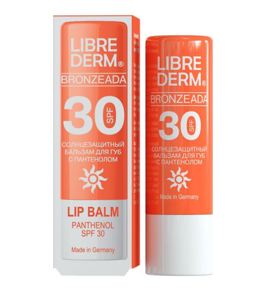 Librederm Bronzeada бальзам для губ с пантенолом солнцезащитный SPF 30, 4 г1301207 Librederm Bronzeada бальзам для губ с пантенолом солнцезащитный SPF 30, 4 г1301207Увлажняет, смягчает, ускоряет процессы регенерации кожи губ, устраняя сухость и шелушение обеспечивает эффективную защиту от обветривания и солнечных лучей, содержит солнцезащитный фильтр SPF 30