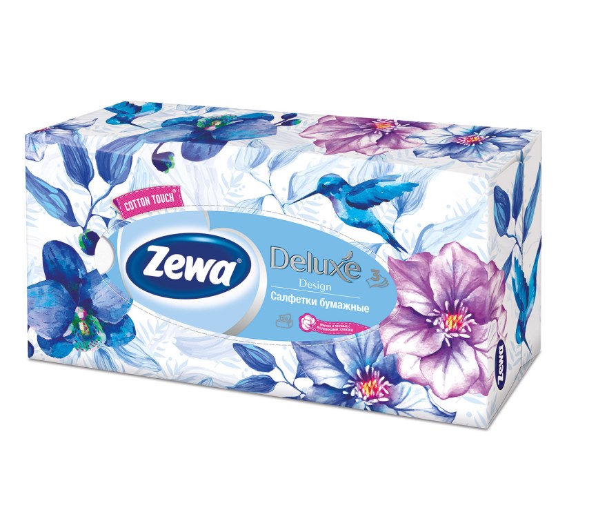 Салфетки бумажные косметические Zewa Deluxe, 90 шт, цвет: синий28420_синий Салфетки бумажные косметические Zewa Deluxe, 90 шт, цвет: синий28420_синийБумажные салфетки Zewa COTTON TOUCH® произведены с добавлением натуральных волокон хлопка и одновременно сочетают в себе мягкость и прочность. Они деликатно и нежно заботятся о Вашей коже и дарят незабываемые ощущения прикосновения хлопка. Бумажные салфетки Zewa в коробочках с ярким дизайном станут незаменимыми помощниками дома или на работе. Они спасут не только во время простуды, но и в повседневных делах, когда нужно вытереть руки или лицо, поправить макияж. Белые 3-х слойные носовые платки без аромата. 5 разных дизайнов коробок. 90 платков в коробке. Состав: целлюлоза, волокна хлопка. Производство: Россия.