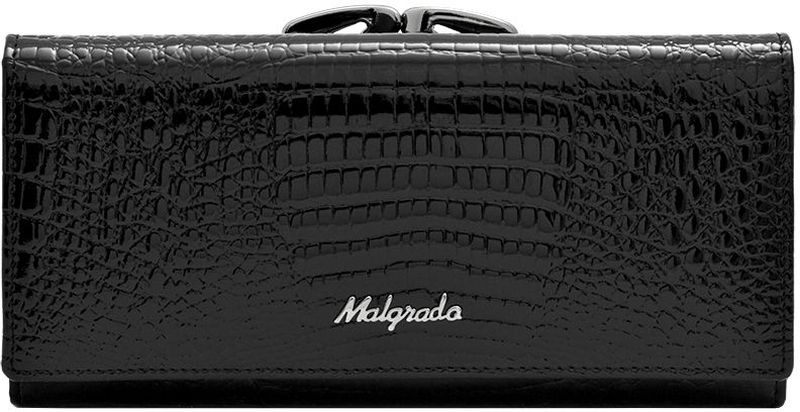 Кошелек женский Malgrado, цвет: черный. 72031-3-462-037-009 Кошелек женский Malgrado, цвет: черный. 72031-3-462-037-009Женский кошелек Malgrado выполнен из натуральной лаковой кожи высшего качества с декоративным тиснением под рептилию. Внутри кошелек содержит три отделения для купюр, отделение для мелочи на молнии, карман для бумаг и чеков, восемь кармашков для кредитных карт или визиток, карман с окошком из прозрачного пластика и отделение для мелочи на металлической защелке. Закрывается кошелек широким клапаном на кнопку.Кошелек упакован в фирменную металлическую коробку. Характеристики: Материал: натуральная кожа, текстиль, металл.Цвет: черный.Размер кошелька: 19 см х 9,5 см х 3 см.Размер упаковки: 23 см х 12,5 см х 4,5 см.Артикул: 72031-3-46.