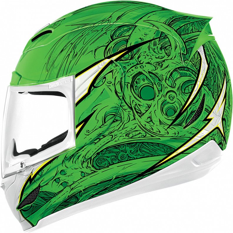 Мотошлем Icon Airmada Sportbike SB1, цвет: зеленый. 0101. Размер S0101-6058 Мотошлем Icon Airmada Sportbike SB1, цвет: зеленый. 0101. Размер S0101-6058Отличное сочетание функциональности и стиля. Этот шлем прекрасно подойдет как для городской езды, так и для спортивных заездов на треке. За основу взят литойполикарбонатный корпус. С точки зрения аэродинамики, посадки, вентиляции и комфорта – это совершенно новая модель шлема. Вентиляция так же была улучшена. Теперь у нас 7 каналов для впуска свежего воздуха, и 6 портов для выпуска. Как и в предыдущих моделях, мы имеем каналы в ротовой области, а так же два боковых порта, которые регулируются в нескольких положениях с внутренней стороны шлема. Выше имеется десятимиллиметровый двойной канал, который, как и прежде удобно контролировать – в закрытом или открытом положении. И одна из новинок находится поблизости – двойной регулировочный порт, который в дополнение ко всем предыдущим, направляет потоки свежего непосредственно на лобную часть водителя. Соответственно, горячий воздух выходит через задние порты - два сверху, два по бокам и два с нижней стороны. Еще одним нововведением является...