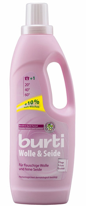 Средство для стирки изделий из шерсти Burti Wollpflege, 753 мл124029 Средство для стирки изделий из шерсти Burti Wollpflege, 753 мл124029В состав жидкого средства Burti Wollpflege входят натуральные протеины шелка и кератин, которые бережно ухаживают за изделиями из шерсти, пуха и шелка. Протеины шелка сохраняют естественную упругость шерстяных волокон, а кератин проникает в структуру волокон и восстанавливает их изнутри. Жидкое средство Burti Wollpflege является универсальным средством, которое может использоваться как при ручной стирке, так и при стирке в автоматических машинах. Состав: менее 5% - неионные тензиды, поликарбоксилаты, мыло; менее 5-15% - анион-тензиды, цеолиты; содержит энзимы (амилаза протеаза), ароматизаторы. Уважаемые клиенты! Обращаем ваше внимание на возможные изменения в дизайне упаковки. Качественные характеристики товара остаются неизменными. Поставка осуществляется в зависимости от наличия на складе.
