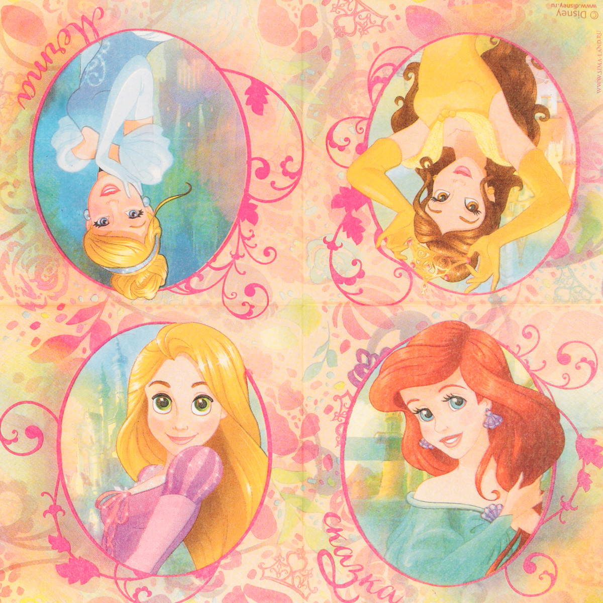 Салфетка для декупажа Disney Принцессы. Сказочная мечта, 33 х 33 см1189469 Салфетка для декупажа Disney Принцессы. Сказочная мечта, 33 х 33 см1189469Салфетка для декупажа Disney Принцессы. Сказочная мечта, изготовленная из бумаги, оформлена ярким принтом. С помощью такой бумаги можно оформить практически любой предмет интерьера или сувенир к предстоящим зимним праздникам. Порадуйте себя и своих близких, выполненным шедевром своими руками! Декупаж - техника декорирования различных предметов, основанная на присоединении рисунка, картины или орнамента (обычного вырезанного) к предмету и далее покрытии полученной композиции лаком ради эффектности, сохранности и долговечности. Размер салфетки: 33 х 33 см.