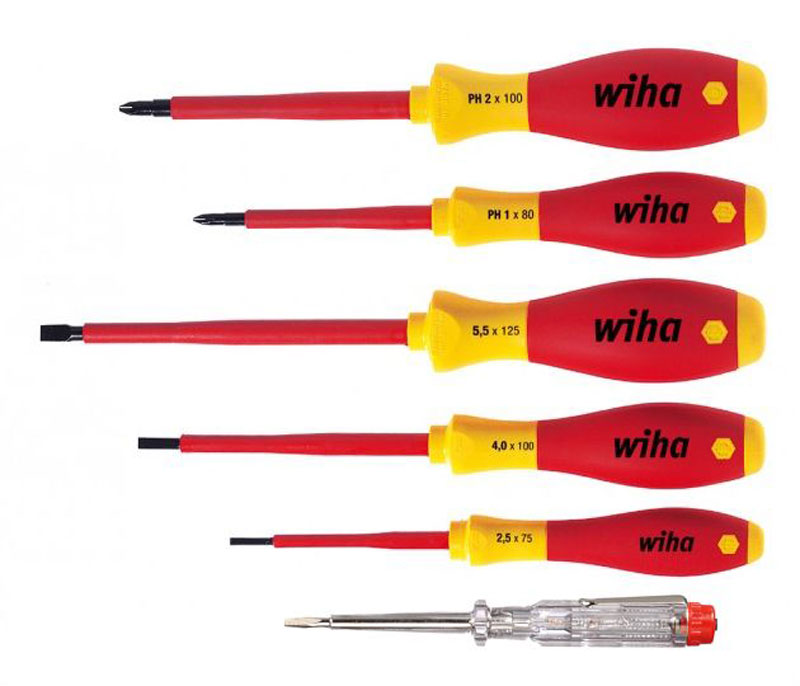 Набор отверток Wiha SoftFinish, 6 предметов41489 Набор отверток Wiha SoftFinish, 6 предметов41489Отвертка SoftFinish electric 320N SF 2,5x75 Отвертка SoftFinish electric 320N SF 4,0x100 Отвертка SoftFinish electric 320N SF 5,5x125 Отвертка универсальная electric 321N SF PH1x80 Отвертка универсальная electric 321N SF PH2x100 Отвертка-пробник 255-3L 3,0x60