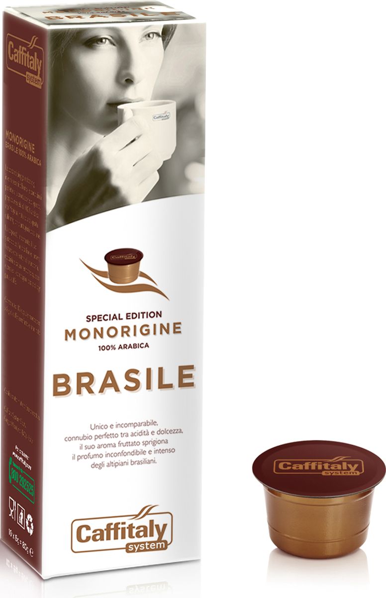 Caffitaly system Brasil кофе в капсулах, 10 шт8032680750182 Caffitaly system Brasil кофе в капсулах, 10 шт8032680750182Летние дожди и сухие зимы обеспечивают идеальные условия для производства этого кофе из 100% Арабики с высокогорной плантации Mogiana в Бразилии. Эспрессо с насыщенным и сладким вкусом, прекрасной кислинкой и фруктовым ароматом с нотками миндального ореха, и какао - идеальный компаньон для каждого перерыва на кофе. Состав: 100% Арабика Интенсивность: 7/10 Количество: 10 капсул по 8 г. Регион: Бразилия Стандарт капсул: Caffitaly System / Paulig Cupsolo / Tchibo Cafissimo