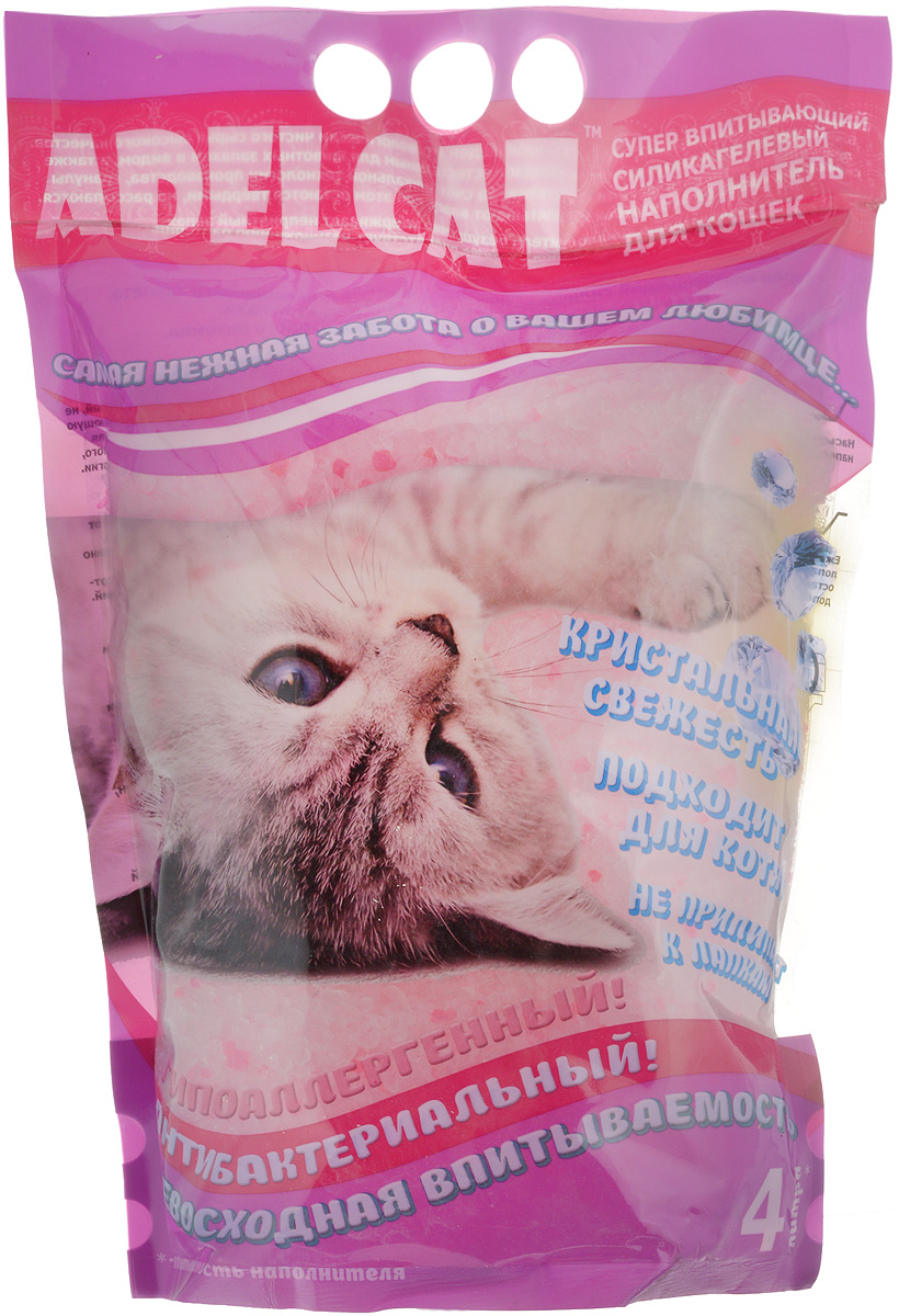 Наполнитель для кошек Adel Cat, силикагелевый, с розовыми гранулами, 4 л0120710 Наполнитель для кошек Adel Cat, силикагелевый, с розовыми гранулами, 4 л0120710Силикагелевый наполнитель для кошек Adel Cat произведен из экологически чистого сырья высокого качества. Безопасен для человека и животного, не вызывает аллергии. Благодаря натуральному составу он обладает естественным для животных запахом и видом, а также природными антисептическими свойствами. За счет уникальной технологии производства, гранулы силикагеля сверхбыстро впитывают влагу, при этом остаются твердыми и не рассыпаются. Силикагелевый наполнитель безупречно удерживает неприятный запах, блокирует его внутри гранул, а также препятствует размножению бактерий. Наполнитель прост в применении благодаря тому, что не образует комков, не содержит пыль, не прилипает к шерсти и лапкам животного. Подходит для котят. Наполнитель имеет гранулы розового цвета.