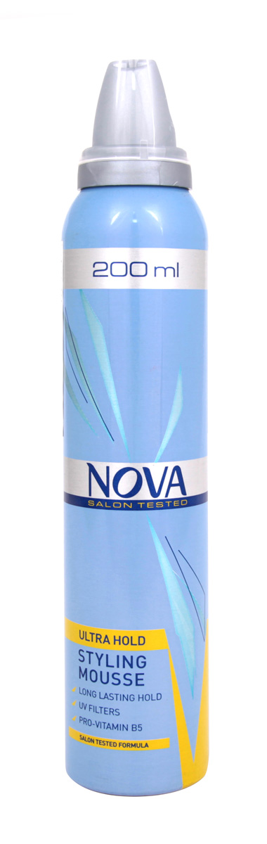 Мусс сверхсильной фиксации Nova 200 мл (желтый)5021156120270 Мусс сверхсильной фиксации Nova 200 мл (желтый)5021156120270Мусс обеспечивает сохранение формы прически на длительное время. Новая формула с провитаминами B5 и питательными компонентами обеспечивает легкое расчесывание при укладке, а UV-фильтры защищают волосы от дополнительных повреждений.