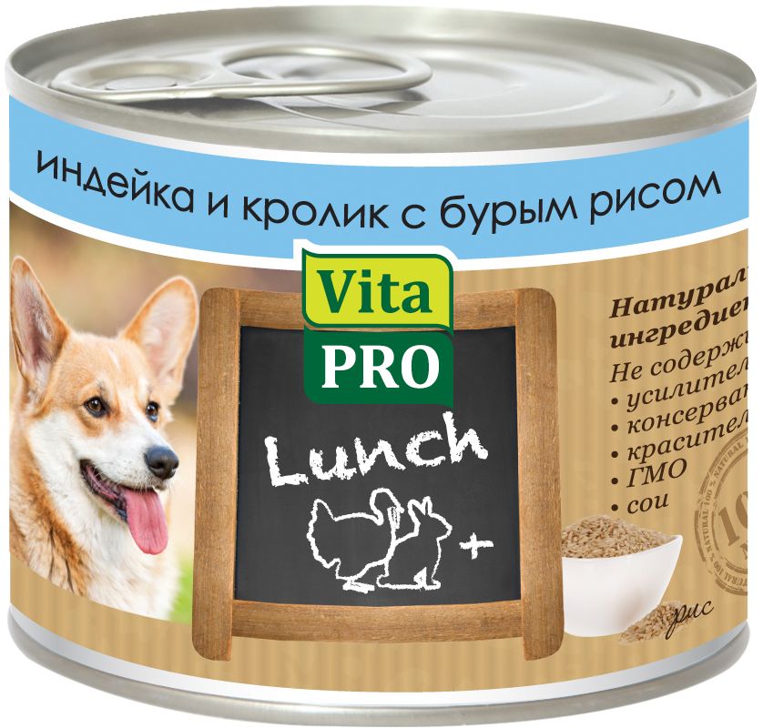 Консервы Vita ProLunch для собак, индейка, кролик и рис, 200 г0120710 Консервы Vita ProLunch для собак, индейка, кролик и рис, 200 г0120710Корм, сочетающий высококачественное мясо с овощными и злаковыми добавками и обеспечивающий полноценный ежедневный рацион. Без консервантов, красителей, усилителей вкуса.