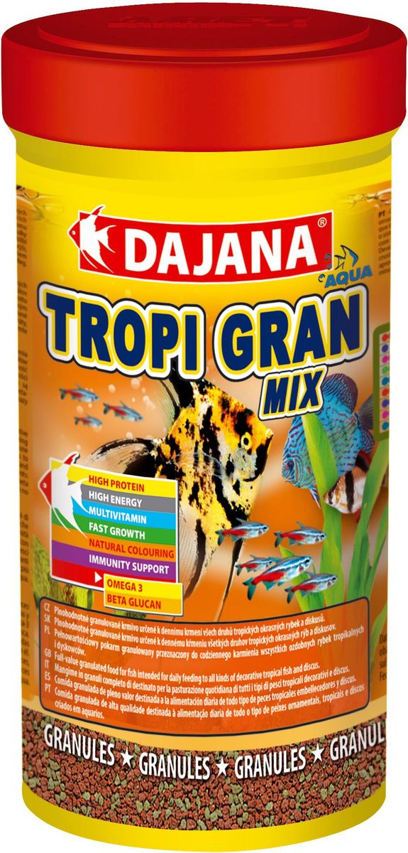 Корм для рыб Dajana Tropi Gran, 250 млDP100B Корм для рыб Dajana Tropi Gran, 250 млDP100BВысококачественный корм для рыбок в виде гранул для всех видов тропических аквариумных рыбок. Идеально подходит для кормления дискусов. Содержит в составе витамины А, E, C, D3, а так же полезные микроэлементы.