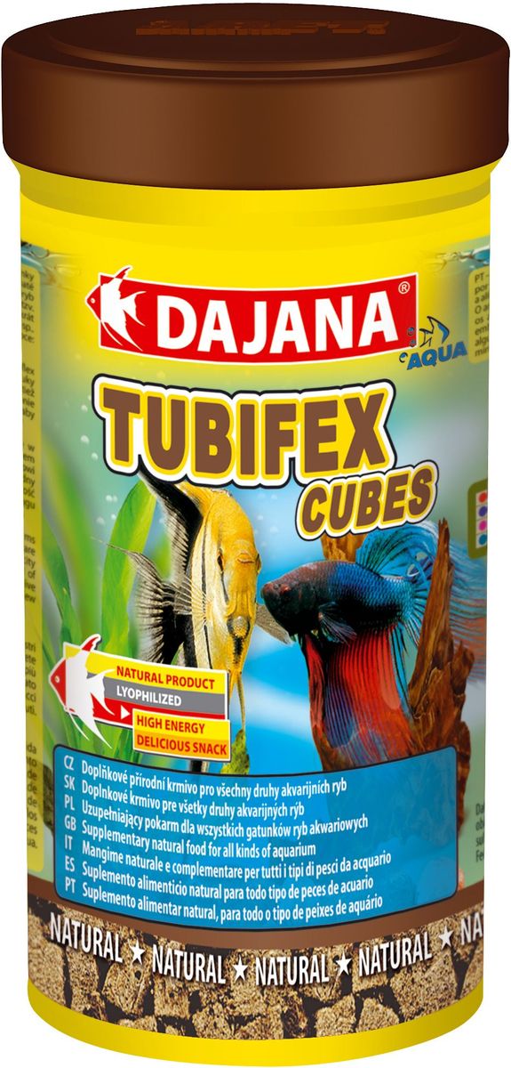 Корм для рыб Dajana Tubifex Cubes, 100 мл0120710 Корм для рыб Dajana Tubifex Cubes, 100 мл0120710Природный натуральный корм из чистого, лиофилизированного трубочника в кубиках. Для всех видов аквариумных рыб.
