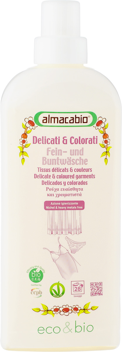 Средство для стирки тонких и цветных вещей Almacabio Delicate & Coloured Garments, 1 л17146 Средство для стирки тонких и цветных вещей Almacabio Delicate & Coloured Garments, 1 л17146Средство для стирки Almacabio Delicate & Coloured Garments идеально подходит для ручной и машинной стирки детской одежды, шерсти, шелка, цветных и деликатных тканей. Отлично удаляет загрязнения, смешанные пятна, пятна от жира, органических отходов. Устраняет неприятные запахи, оставляет приятный аромат, защищает волокна ткани и сохраняет цвет. Не содержит загустителей, нейтрализует остатки щелочных веществ после стирки. Не требуется дополнительной специальной защиты стиральной машины от известковых отложений. Помогает предотвратить образование накипи и отложений. Не содержит отбеливатели и фосфор. Гипоаллергенное средство. Товар сертифицирован.