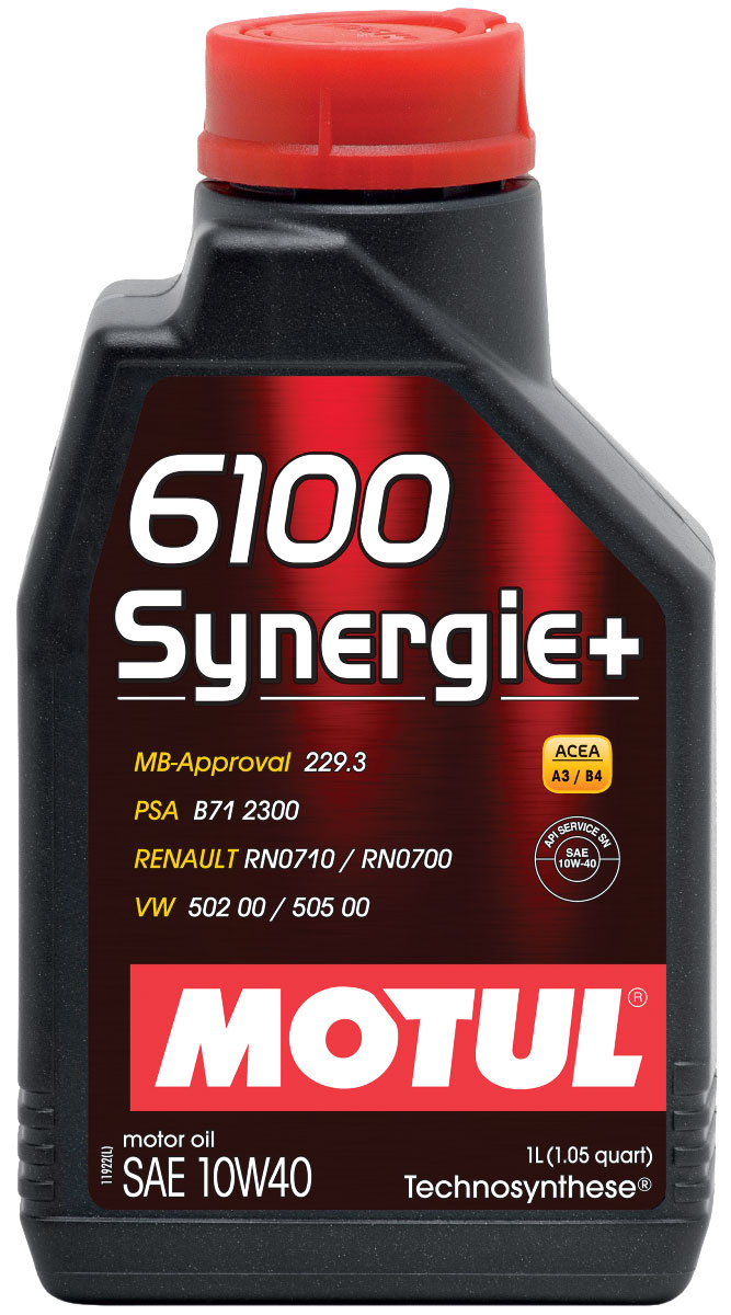 Масло моторное Motul 6100 Synergie+. Technosynthese, синтетическое, 10W-40, 1 л102781 Масло моторное Motul 6100 Synergie+. Technosynthese, синтетическое, 10W-40, 1 л102781Моторное масло для бензиновых и дизельных двигателей Technosynthese. Моторное масло специально разработанное для новых мощных автомобилей, с большой литровой мощностью. Турбо-дизельные двигатели с непосредственным впрыском, бензиновые двигатели с инжектором и каталитическим конвертором. Совместимо со всеми типами топлива: бензин (этилированный/неэтилированный), дизельное топливо, газ. Перед применением всегда сверяйтесь с руководством по эксплуатации автомобиля. ACEA Стандарты: ACEA A3/B4 API Стандарты: API SN/CF Одобрения: MB-Approval 229.3; VW 502 00 / 505 00; Renault RN 0710 / 0700; PSA B71 2300