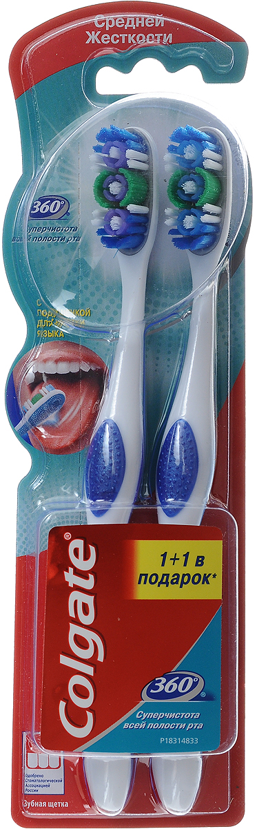 Colgate Зубная щетка 360 суперчистота всей полости рта, средней жесткости, 1+1, цвет: белый, синий, фиолетовыйFCN21684_белый, синий, фиолетовый Colgate Зубная щетка 360 суперчистота всей полости рта, средней жесткости, 1+1, цвет: белый, синий, фиолетовыйFCN21684_белый, синий, фиолетовыйColgate 360 суперчистота всей полости рта - зубная щетка средней жесткости. Она имеет пучки щетины конической формы для чистки межзубных промежутков и полирующие чашечки. Эргономичная ручка не скользит в ладони, амортизирует давление руки на нежную поверхность десен. Товар сертифицирован. Длина щетки: 19 см. Размер рабочей поверхности: 3 см х 1,5 см. Материал: пластик. Комплектация: 2 шт.