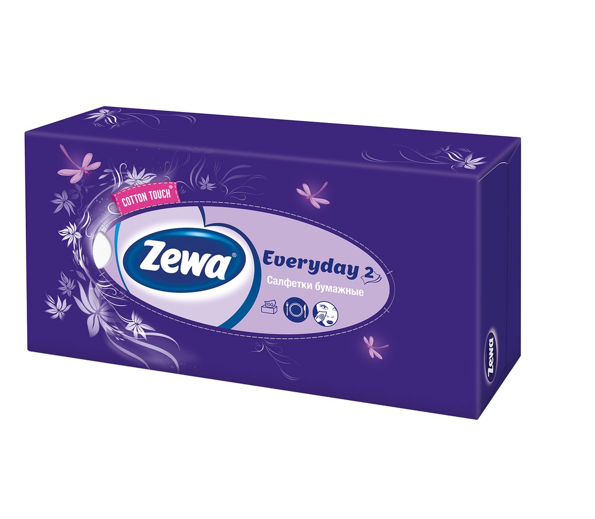 Салфетки бумажные косметические Zewa Everyday, 100 шт, цвет: фиолетовый140814757/6286 Салфетки бумажные косметические Zewa Everyday, 100 шт, цвет: фиолетовый140814757/6286Бумажные салфетки Zewa COTTON TOUCH® произведены с добавлением натуральных волокон хлопка и одновременно сочетают в себе мягкость и прочность. Они деликатно и нежно заботятся о Вашей коже и дарят незабываемые ощущения прикосновения хлопка. Бумажные салфетки Zewa в коробочках с ярким дизайном станут незаменимыми помощниками дома или на работе. Они «спасут» не только во время простуды, но и в повседневных делах, когда нужно вытереть руки или лицо, поправить макияж. Белые 2-х слойные салфетки бумажные для лица без аромата. 5 разных дизайнов коробок. 100 платков в коробке. Состав: целлюлоза, волокна хлопка. Производство: Россия