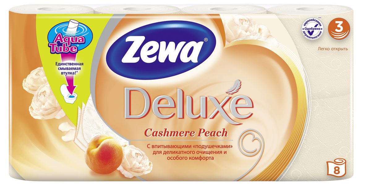 Туалетная бумага Zewa Deluxe Персик, 3 слоя, 8 рулонов02.03.05.5363 Туалетная бумага Zewa Deluxe Персик, 3 слоя, 8 рулонов02.03.05.5363Подарите себе удовольствие от ежедневного ухода за собой. Zewa Deluxe с новыми впитывающими подушечками деликатно очищает и нежно заботится о вашей коже. Мягкость, Забота, Комфорт – вашей коже это понравится! Сенсация! Со смываемой втулкой Aqua Tube! Персиковая 3-х слойная туалетная бумага с ароматом персика 8 рулонов в упаковке Состав: целлюлоза Производство: Россия