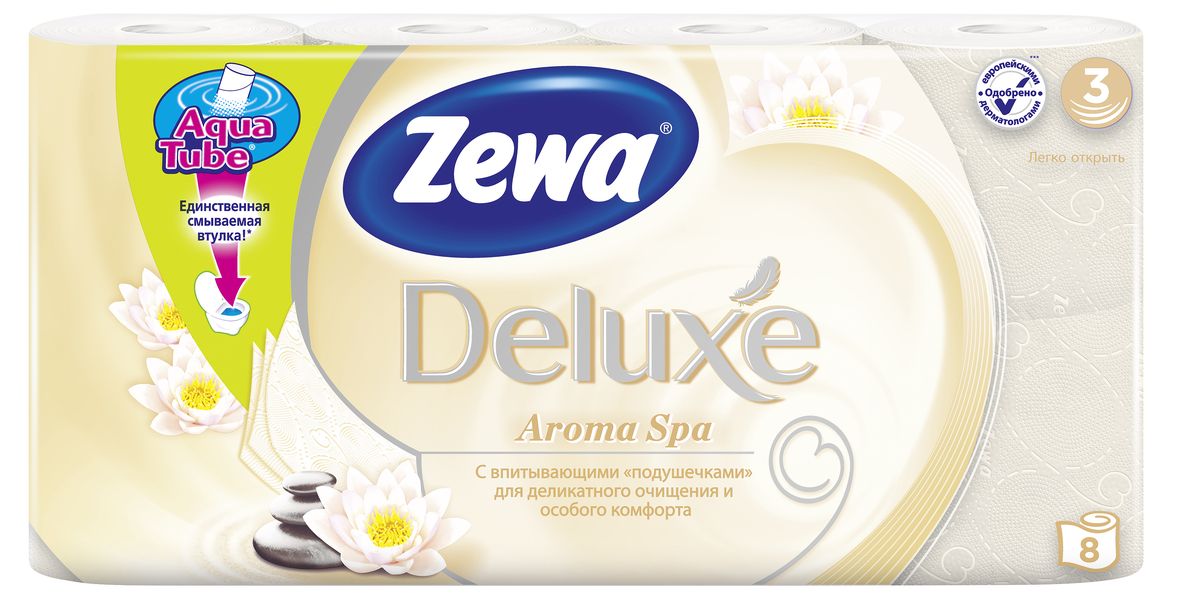 Туалетная бумага Zewa Deluxe АромаСпа, 3 слоя, 8 рулонов02.03.05.5367 Туалетная бумага Zewa Deluxe АромаСпа, 3 слоя, 8 рулонов02.03.05.5367Подарите себе удовольствие от ежедневного ухода за собой. Zewa Deluxe с новыми впитывающими подушечками деликатно очищает и нежно заботится о вашей коже. Мягкость, Забота, Комфорт – вашей коже это понравится! Сенсация! Со смываемой втулкой Aqua Tube! 3-х слойная туалетная бумага цвета шампань с тонким ароматом ароматического масла 8 рулонов в упаковке Состав: вторичное волокно Производство: Россия