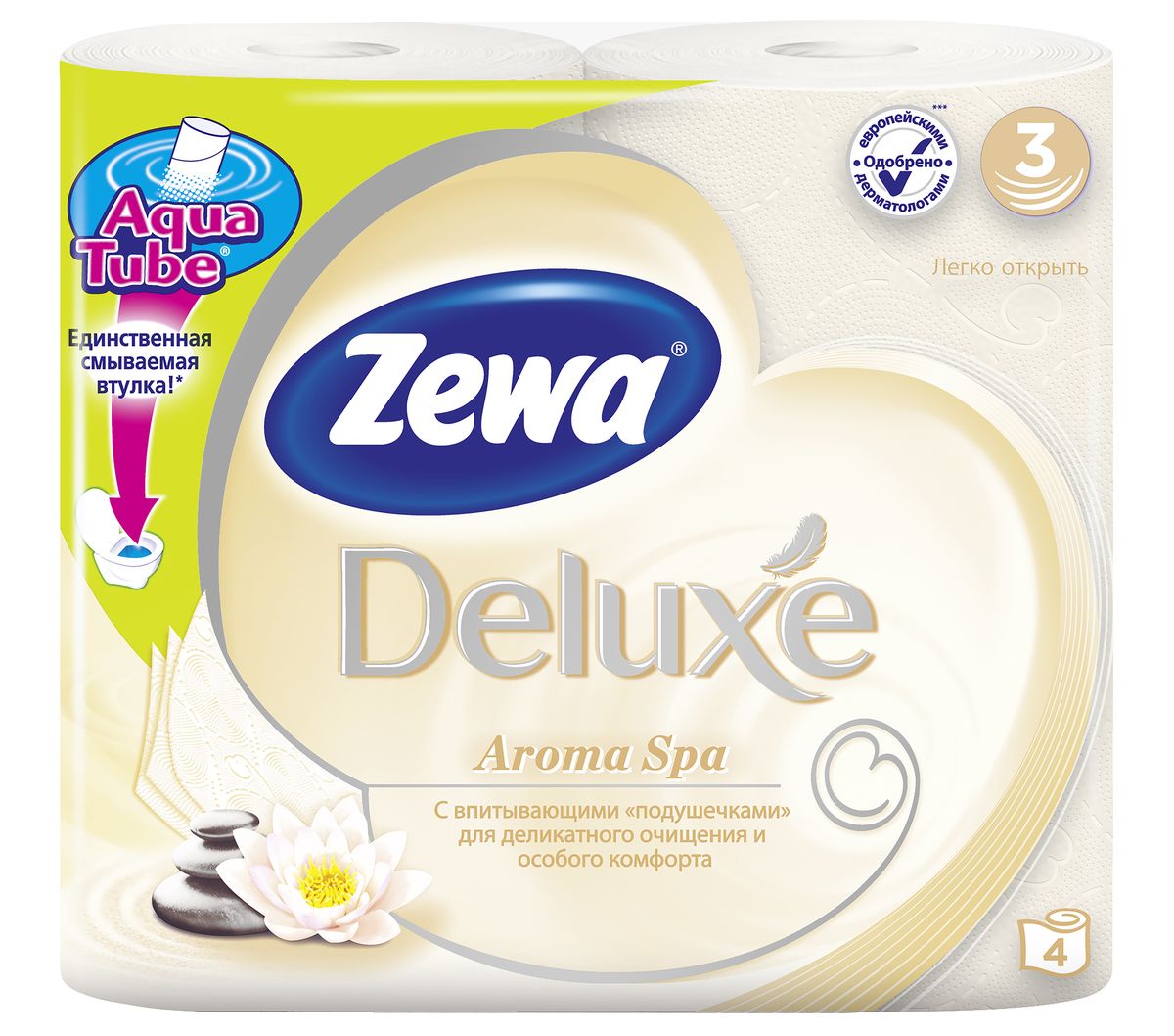 Туалетная бумага Zewa Deluxe АромаСпа, 3 слоя, 4 рулона5361-50 Туалетная бумага Zewa Deluxe АромаСпа, 3 слоя, 4 рулона5361-50Подарите себе удовольствие от ежедневного ухода за собой. Zewa Deluxe с новыми впитывающими подушечками деликатно очищает и нежно заботится о вашей коже. Мягкость, Забота, Комфорт – вашей коже это понравится! Сенсация! Со смываемой втулкой Aqua Tube! 3-х слойная туалетная бумага цвета шампань с тонким ароматом ароматического масла 4 рулона в упаковке Состав: вторичное волокно Производство: Россия