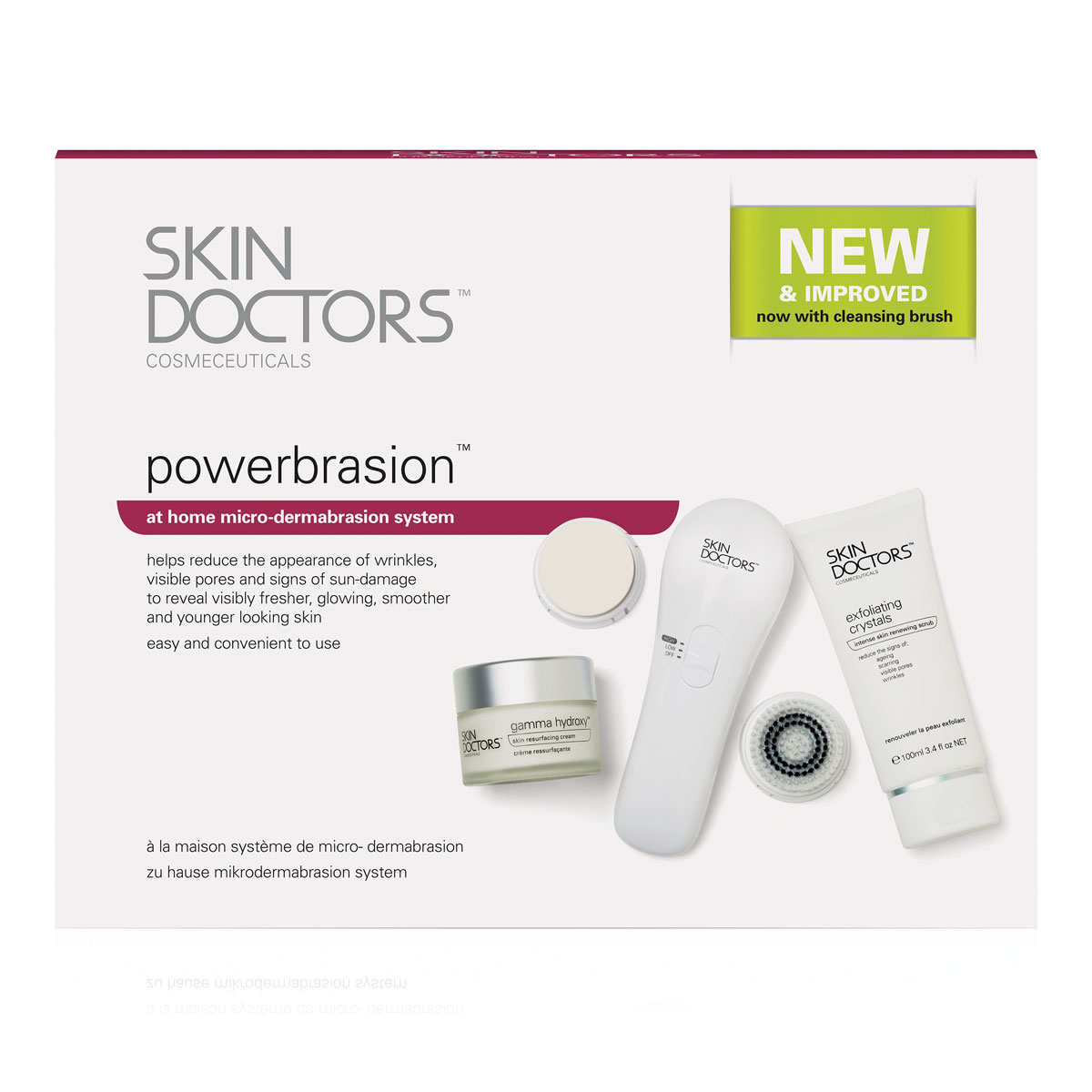 Skin Doctors Полная система для микродермабразии в домашних условиях PowerBrasion2523 Skin Doctors Полная система для микродермабразии в домашних условиях PowerBrasion2523Powerbrasion Micro-Dermabrasion Accelerator Unit - аппарат для микродермабразии. Глубокое отшелушивающее воздействие высокотехнологичного, многофункционального скраба дополнительно усиливается за счет применения аппарата для микродермабразии. Вибрирующие головки этого компактного, работающего от батарейки устройства распределяют кристаллы скраба по обрабатываемой поверхности кожи, интенсифицируя тем самым эффект эксфолиации. Массажное действие аппарата для микро-дермабразии также способствует улучшению кровообращения, благодаря чему к поверхности кожи поступает больше питательных компонентов, и кожа выглядит лучше. Powerbrasion Intensive Micro-Dermabrasion - скраб для интенсивной микродермобразии. Ороговевший и тусклый верхний слой отмерших клеток устраняется под воздействием глубокого пилинга, осуществляемого высокотехнологичными шлифующими кристаллами. Мульти-активный и вместе с тем очень щадящий скраб содержит микроинкапсулированные прутики из оксида...