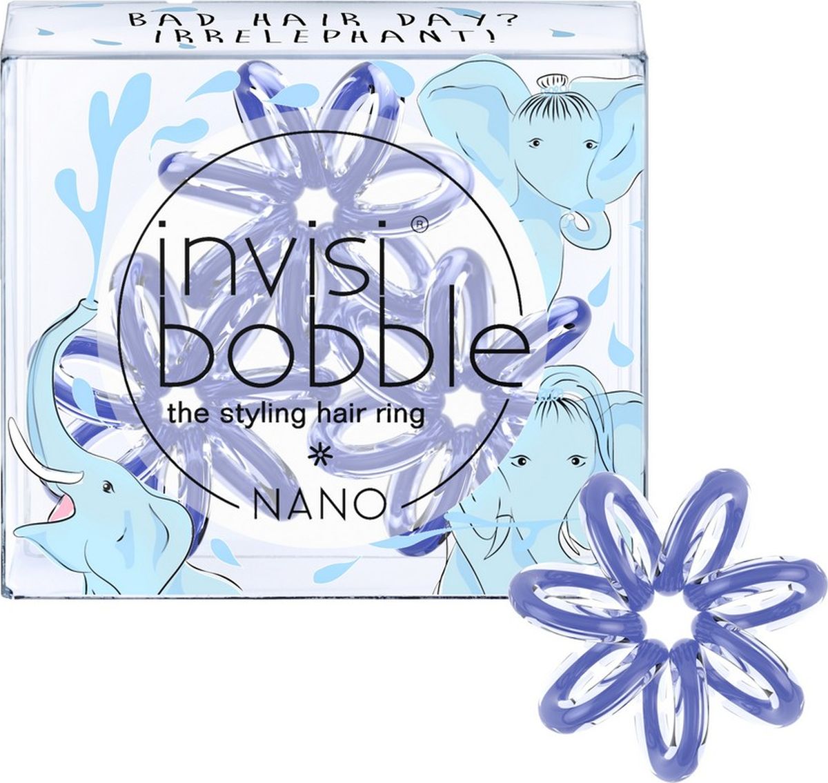 Invisibobble Резинка-браслет для волос NANO Bad Hair Day? Irrelephant!3078 Invisibobble Резинка-браслет для волос NANO Bad Hair Day? Irrelephant!3078Резинки-браслеты invisibobble NANO Bad Hair Day? Irrelephant! василькового цвета из лимитированной тематической коллекции invisibobble Circus. Эксклюзивная упаковка с изображением Симпатяги-слона подарит яркое фестивальное настроение! Резинки invisibobble NANO гораздо меньше в размере, чем invisibobble ORIGINAL, тем самым они идеально подходят для создания самых разнообразных причесок, а также детских волос. Резинки подходят для всех типов волос, надежно фиксируют прическу, не оставляют заломы и не вызывают головную боль благодаря неравномерному распределению давления на волосы. Кроме того, они не намокают и не вызывают аллергию при контакте с кожей, поскольку изготовлены из искусственной смолы.