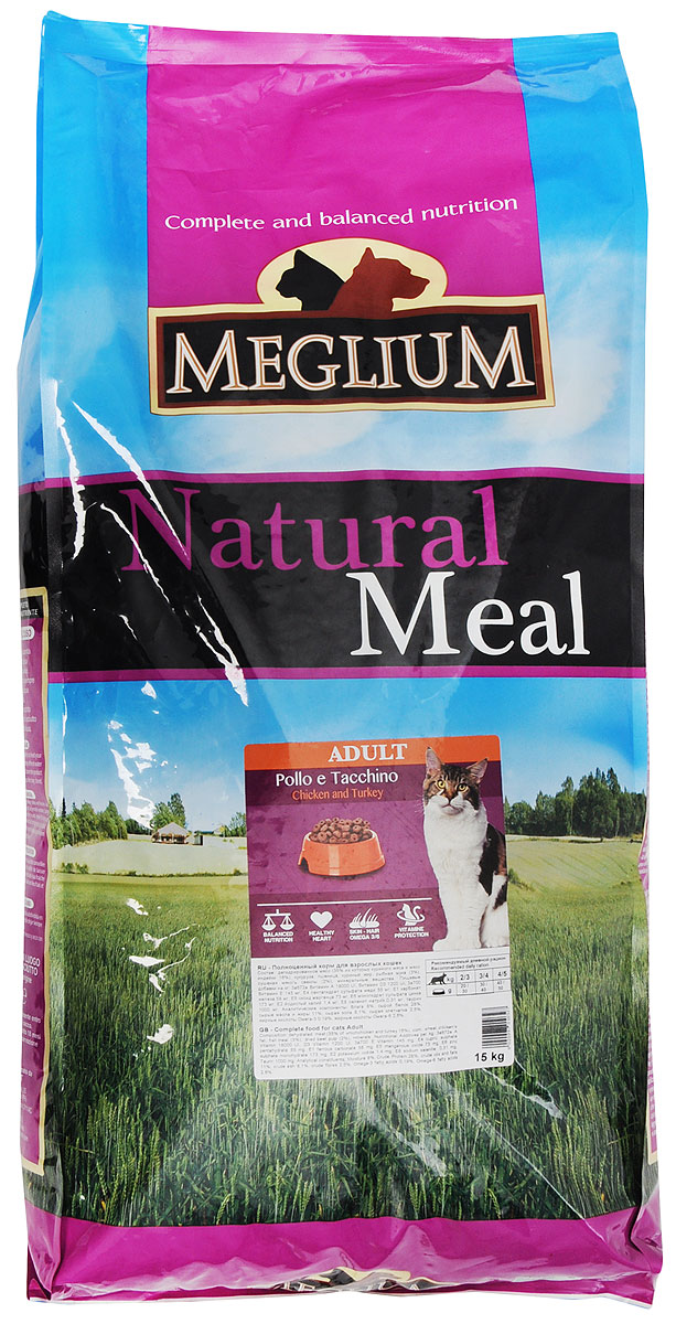 Корм сухой Meglium для кошек, с курицей и индейкой, 15 кгMGS0315 Корм сухой Meglium для кошек, с курицей и индейкой, 15 кгMGS0315Полноценный, сбалансированный и очень вкусный корм Meglium предназначен для взрослых привередливых кошек. Куриное мясо и мясо индейки - это первый источник высокоусвояемых белков со сбалансированным набором аминокислот, рыба является источником полноценных белков и содержит большое количество Омега-3 жирных кислот - все это дополняет сбалансированная доза минералов, витаминов и таурина, благодаря чему корм удовлетворяет все пищевые потребности вашей кошки. Товар сертифицирован.