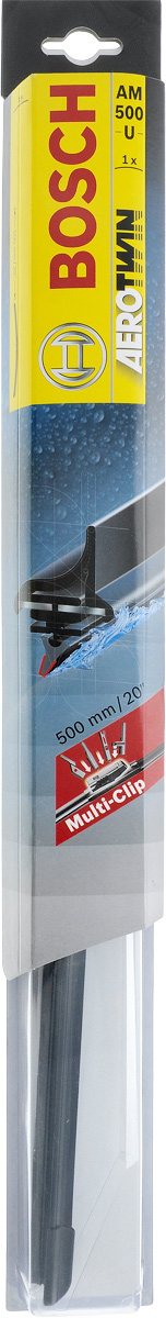 Щетка стеклоочистителя Bosch AM500U, бескаркасная, со спойлером, длина 50 см3397008581 Щетка стеклоочистителя Bosch AM500U, бескаркасная, со спойлером, длина 50 см3397008581Бескаркасная универсальная щетка Bosch AM500U, выполненная по современной технологии из высококачественных материалов, предназначена для установки на стекло автомобиля. Отличается высоким качеством исполнения и оптимально подходит для замены оригинальных щеток, установленных на конвейере. Обеспечивает качественную очистку стекла в любую погоду. Изделие оснащено многофункциональным адаптером Multi-Clip, который превосходно подходит для наиболее распространенных типов креплений. Простой и быстрый монтаж. AEROTWIN - серия бескаркасных щеток компании Bosch. Щетки имеют встроенный аэродинамический спойлер, что делает их эффективными на высоких скоростях, и изготавливаются из многокомпонентной резины с применением натурального каучука. Тип крепления: 2, 3, 4, 8. Крепления: боковой зажим/Pinch Tab, боковой штырь/Side Pin/Pin in Arm/Side Lock/P&H, верхний замок/Top Lock, кнопка/Push Button.