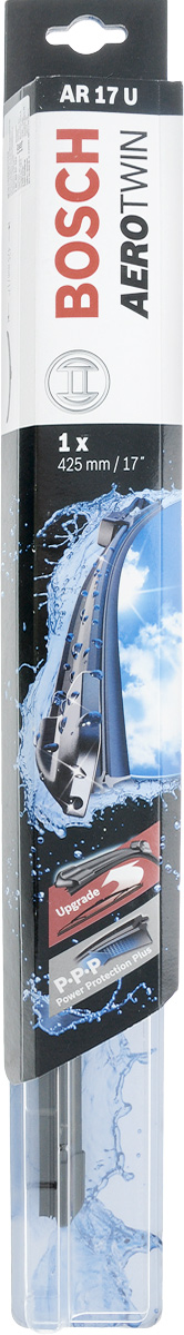Щетка стеклоочистителя Bosch AR17U, бескаркасная, со спойлером, длина 42,5 см3397008531 Щетка стеклоочистителя Bosch AR17U, бескаркасная, со спойлером, длина 42,5 см3397008531Бескаркасная универсальная щетка Bosch AR17U, выполненная по современной технологии из высококачественных материалов, предназначена для установки на стекло автомобиля. Отличается высоким качеством исполнения и оптимально подходит для замены оригинальных щеток, установленных на конвейере. Обеспечивает качественную очистку стекла в любую погоду. Изделие оснащено многофункциональным адаптером Multi-Clip, который превосходно подходит для наиболее распространенных типов креплений. Простой и быстрый монтаж. AEROTWIN - серия бескаркасных щеток компании Bosch. Щетки имеют встроенный аэродинамический спойлер, что делает их эффективными на высоких скоростях, и изготавливаются из многокомпонентной резины с применением натурального каучука. Тип крепления: 1.