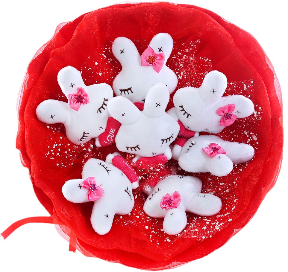 Букет из игрушек Toy Bouquet Зайчата, цвет: красный, 7 игрушекRW004-7-31 Букет из игрушек Toy Bouquet Зайчата, цвет: красный, 7 игрушекRW004-7-31Букет из 7 милых зайчиков, белого цвета, упакован в мягкую струящуюся органзу с добавлением флористической сетки, перевязан широкой атласной лентой с добавлением серебристой парчовой тесьмы. Мягкие игрушки, оформленные в букет – приятный подарок для любимой, для мамы, подруги или для ребенка. Оригинальные букеты торговой марки TOY BOUQUET из мягких игрушек прекрасно подойдут для многих праздников: День Святого Валентина, 8 марта, день рождения, выпускной, а также на другие памятные даты или годовщины.
