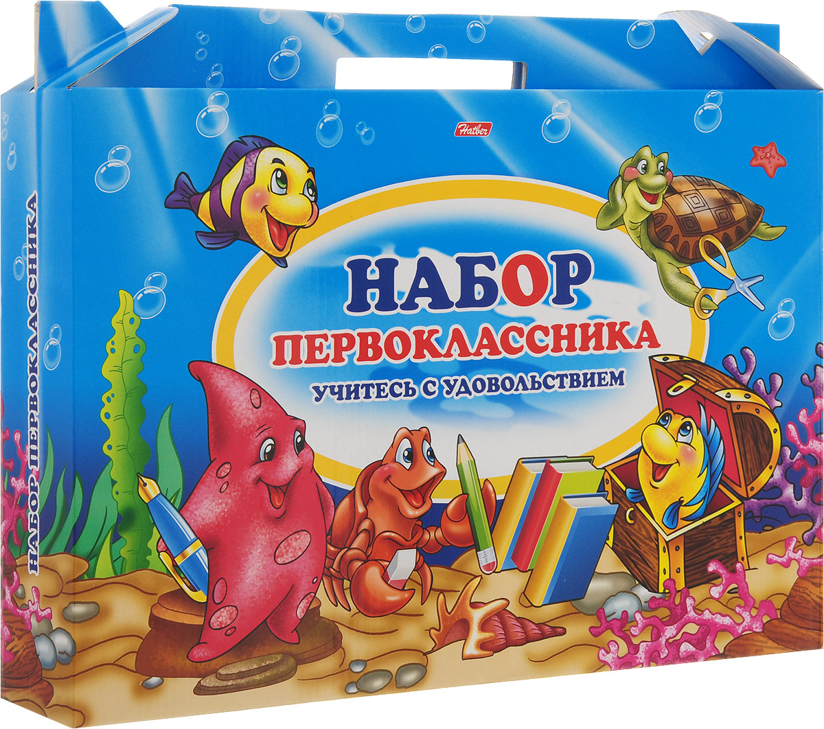 Канцелярский набор Hatber Набор первоклассникаНп4_10882 Канцелярский набор Hatber Набор первоклассникаНп4_10882Набор для первоклассника Учитесь с удовольствием упакован в подарочную коробку с удобной ручкой. В набор входят: доска для лепки, клей-карандаш, ручка шариковая синяя (2 шт), карандаш чернографитный (2 шт), точилка, пластилин, набор цветных карандашей, набор фломастеров, ножницы, ластик, краски акварельные без кисти, альбом для рисования, тетрадь в клетку (5 шт), тетрадь в линию (5 шт), набор цветной бумаги, папка, кисть. Набор прекрасно подойдет для рисования, создания аппликаций, оригами, изготовления поделок из картона и бумаги. Он содержит все необходимые для первоклассника предметы. С таким набором учеба будет веселой и интересной. Порадуйте своего малыша таким замечательным подарком!