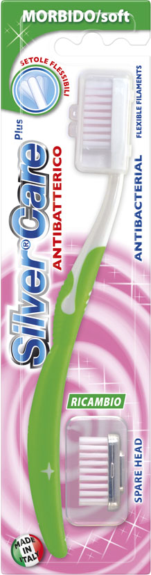 Silver Care Plus зубная щетка (в блистере), мягкая23336 Silver Care Plus зубная щетка (в блистере), мягкая23336Антибактериальная зубная щетка с мягкой щетиной рекомендуется при кровоточивости десен, повышенной чувствительности зубов, в том числе в период беременности. Базовая поверхность головки зубной щетки покрыта серебром 999 пробы. В комплекте-дополнительная сменная головка. Обладают возможностью смены головок 3-х степеней жесткости, покрытых серебром 999 пробы.