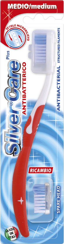 Silver Care Plus зубная щетка (в блистере), средняя23437 Silver Care Plus зубная щетка (в блистере), средняя23437Антибактериальная зубная щетка средней степени жесткости. Базовая поверхность головки зубной щетки покрыта серебром 999 пробы. В комплекте-дополнительная сменная головка. Обладают возможностью смены головок 3-х степеней жесткости, покрытых серебром 999 пробы.