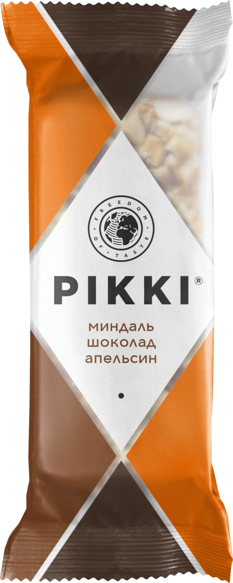 Pikki Миндаль-Шоколад-Апельсин батончик орехово-фруктовый, 35 г0120710 Pikki Миндаль-Шоколад-Апельсин батончик орехово-фруктовый, 35 г0120710Натуральные ингредиенты без консервантов, красителей, усилителей вкуса, классическая плоская упаковка, которую удобно взять с собой, и приятный хруст - вот залог популярности хрустящих батончиков Pikki.