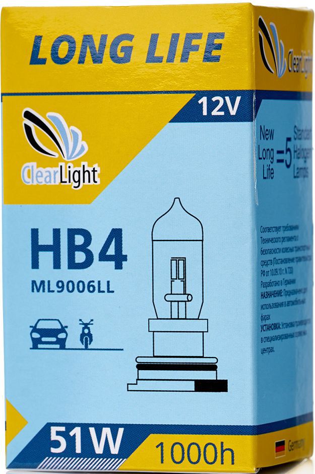 Лампа автомобильная галогенная Clearlight HB4 LongLifeML9006LL Лампа автомобильная галогенная Clearlight HB4 LongLifeML9006LLLONG LIFE- высокая яркость с длительным сроком службы. Качество оригинальной лампы.