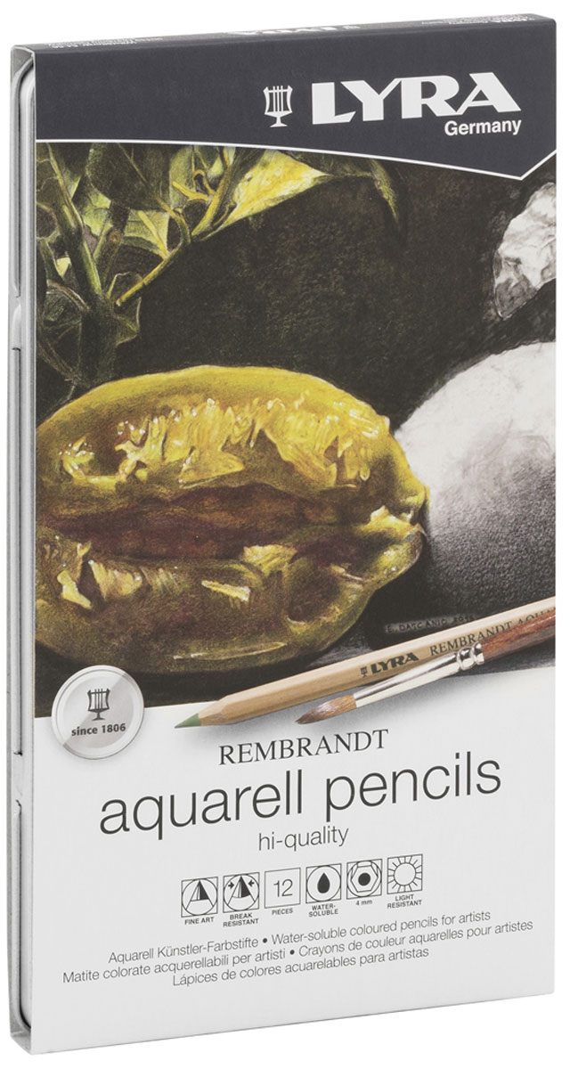 Lyra Набор художественных цветных карандашей Rembrandt Aquarell 12 шт610842 Lyra Набор художественных цветных карандашей Rembrandt Aquarell 12 шт610842Цветовая палитра художественных карандашей Lyra содержит большое разнообразие оттенков. Благодаря качеству пигментов в грифеле карандаша цвета получаются яркими, хорошо смешиваются и почти полностью размываются водой. При работе в этой технике вы сначала рисуете изображение карандашами, а затем с помощью мягкой кисти размываете его водой.Каждый цветной карандаш Rembrandt Aquarell дает выразительный оттенок, устойчивый к выцветанию. Поэкспериментируйте, чтобы добиться различных вариантов прозрачности и непрозрачности.