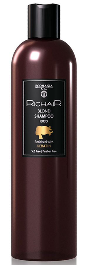 Egomania Professional Collection Шампунь Richair для осветленных и обесцвеченных волос c кератином, 400 млБ33041_шампунь-барбарис и липа, скраб -черная смородина Egomania Professional Collection Шампунь Richair для осветленных и обесцвеченных волос c кератином, 400 млБ33041_шампунь-барбарис и липа, скраб -черная смородинаШампунь предназначен для деликатного очищения осветленных, обесцвеченных и мелированных волос. Мягко и бережно очищает, не повреждая пористые участки волос и не раздражая чувствительную кожу головы. Благодаря пантенолу восстанавливает гидро-липидный баланс сухих осветленных волос; способствует быстрому восстановлению кожи после агрессивных процедур осветления и обесцвечивания. Натуральный гидролизованный кератин укрепляет волосы, протеины шелка придают гладкость и блеск. Витамин Е защищает цвет осветленных волос от выгорания на солнце и от разрушения под воздействием негативных внешних факторов.