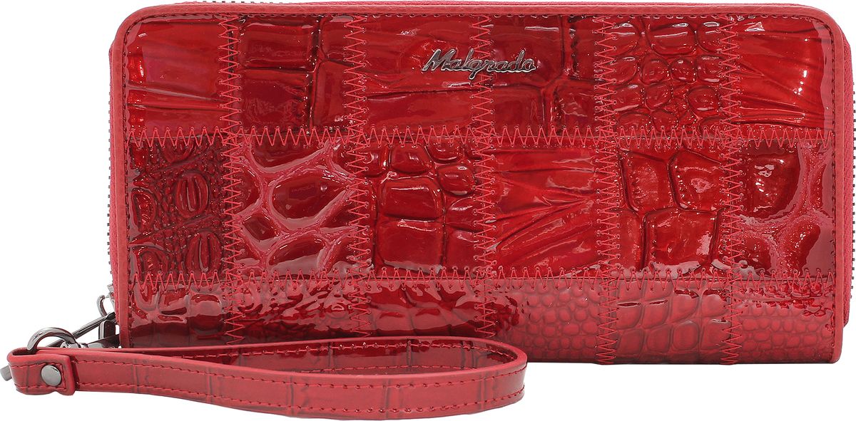 Кошелек женский Malgrado, цвет: красный. 77007-444ICE 8508 Кошелек женский Malgrado, цвет: красный. 77007-444ICE 8508Женский клатч Malgrado из натуральной лаковой кожи с тиснением под рептилию. Под молнией внутри клатча 5 отделений, одно из них на молнии. Также на одной жесткой перегородке есть 1 прозрачный кармашек под карточки. В кошельке на боковых стенках есть по 4 кармашка для карточек и по 1 продольному кармашку. Закрывается на металлическую молнию. В комплект входит удобный съемный кожаный ремешок.