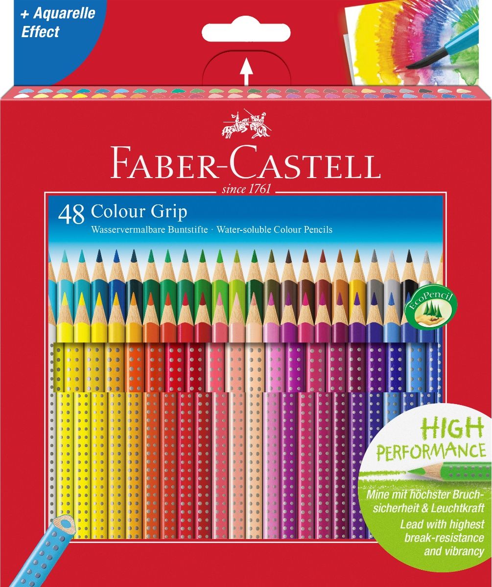 Faber-Castell Набор цветных карандашей Grip 2001 48 цветовPP-220 Faber-Castell Набор цветных карандашей Grip 2001 48 цветовPP-220 эргономичная трехгранная форма запатентованная Grip антискользящая зоназахвата с малыми массажными шашечками 48 ярких, насыщенных цветов толщина грифеля 3,2 мм размываемый водой грифель специальное место для имени отстирываются с большинства обычных тканей специальная технология вклеивания (SV)предотвращает поломку грифеля покрыты лаком на водной основе – бережнымпо отношению к окружающей средеи здоровью детей качественное, мягкое дерево (калифорнийскийкедр) – гарантия легкого затачивания припомощи стандартных точилок инновационная технология High Performance
