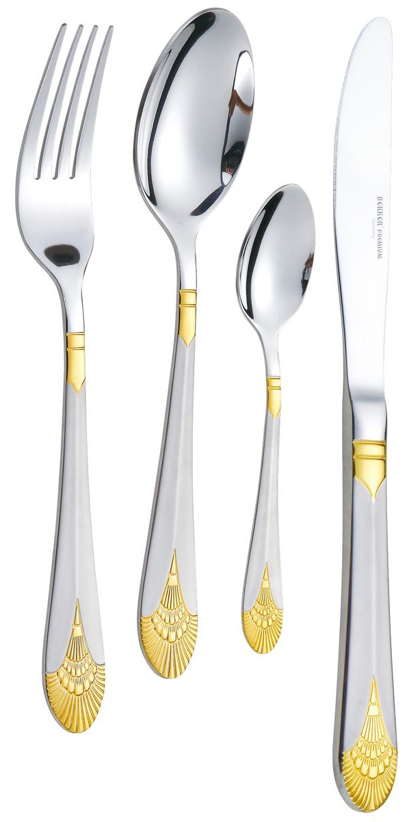 Набор столовых приборов Bekker Premium, 24 предмета. BK-6526115510 Набор столовых приборов Bekker Premium, 24 предмета. BK-6526115510Набор столовых приборов Bekker Premium состоит из 6 столовых ложек, 6 столовых вилок, 6 столовых ножей и 6 чайных ложек. Изделия выполнены из высококачественной нержавеющей стали. Ручки приборов украшены изысканным рельефом с золотистым покрытием. Такой набор прекрасно дополнит сервировку стола. Благодаря качеству материала и первоклассной обработке, набор прослужит вам долгие годы и сохранит безупречный внешний вид.