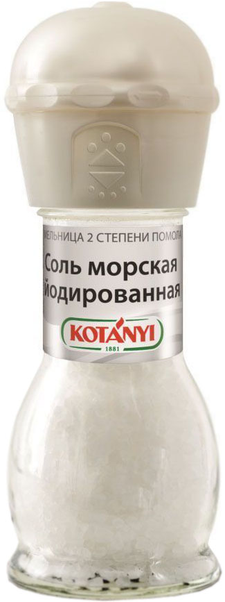 Kotanyi соль морская йодированная мельница, 92 г0120710 Kotanyi соль морская йодированная мельница, 92 г0120710Для получения морской соли морскую воду направляют в соляные озера, где она испаряется под воздействием солнца, оставляя только кристаллы соли. Соль Kotanyi универсальна в использовании. Она усиливает вкус блюд, является консервантом и используется для производства сыра.