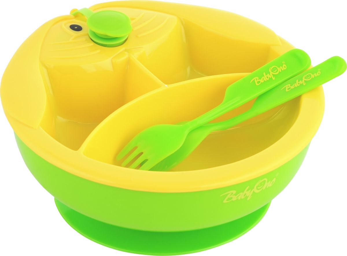 BabyOno Тарелка с подогревающим дном цвет желтый зеленый115510 BabyOno Тарелка с подогревающим дном цвет желтый зеленый115510Практичная и функциональная тарелка с подогревающим дном BabyOno станет незаменимым помощником при кормлении малыша. Подогреваемое дно миски позволяет дольше поддерживать соответствующую температуру пищи - достаточно наполнить подставку тарелки теплой водой, и она будет согревать пищу, что позволит малышу не спешить и сделает кормление более комфортным для родителей. Три секции позволяют разделить пищу, а присоска на дне предотвращает перемещение миски по столу. Такая тарелка идеально подойдет для освоения навыков самостоятельного приёма пищи. Она изготовлена из безопасных материалов, предназначенных для контакта с пищей. В комплект входят столовые приборы - ложка и вилка.