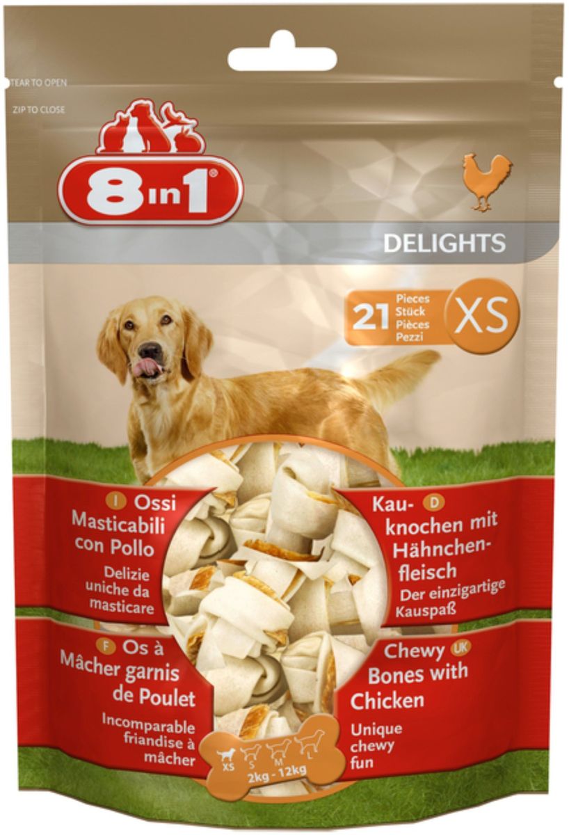 Лакомство Косточки 8in1 Delights. XS, с куриным мясом, для мелких собак, 7,5 см, 21 шт.0120710 Лакомство Косточки 8in1 Delights. XS, с куриным мясом, для мелких собак, 7,5 см, 21 шт.01207108in1 Delights XS косточки для мелких собак. Аппетитное куриное мясо, завернутое в жесткую говяжью кожу высшего качества – уникальное сочетание жевательной косточки и средства поощрения.9 из 10 собак предпочитают лакомство ДелайтсУникальный и запатентованный продуктЗаботится о зубахУменьшает зубной налет и тем самым предотвращает образование зубного камняУдовлетворяет природный жевательный инстинкт собакиДолго жуется, съедается без остаткаСодержит всего 2 % жираНе содержит искусственных красителей и усилителей вкусаУпаковка содеожит 21 косточку размером 7,5 см.Мясо и мясные субпродукты (куриное мясо 12%), минеральные веществаСоветы по кормлению: дается в дополнение к ежедневному основному рациону. У животного всегда должен быть доступ к свежей воде. Следите за собакой, когда она грызет кость.