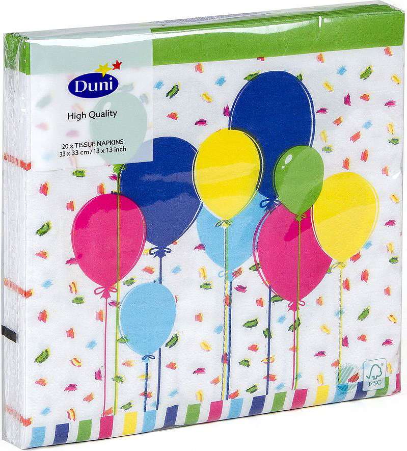 Салфетки бумажные Duni Balloons And Confet, 3-слойные, 33 х 33 см19201 Салфетки бумажные Duni Balloons And Confet, 3-слойные, 33 х 33 см19201Трехслойные бумажные салфетки изготовлены из экологически чистого, высококачественного сырья - 100% целлюлозы. Салфетки выполнены в оригинальном и современном стиле, прекрасно сочетаются с любым интерьером и всегда будут прекрасным и незаменимым украшением стола.