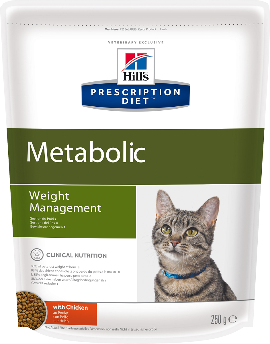 Корм сухой диетический Hills Metabolic для кошек, для коррекции веса, 250 г0120710 Корм сухой диетический Hills Metabolic для кошек, для коррекции веса, 250 г0120710Сухой диетический корм для кошек Hills - полноценный диетический рацион для кошек, предназначенный для снижения избыточной массы тела и поддержания оптимального веса. Данный рацион обладает пониженной энергетической ценностью. Рацион для снижения и поддержания веса позволяет избежать повторного набора веса после прохождения программы по снижению веса.- Клинически доказанное снижение жировой массы на 28%.- Отличный вкус понравится вашей кошке.Состав: мясо и пептиды животного происхождения, зерновые злаки, экстракты растительного белка, производные растительного белка, производные растительного происхождения, овощи, масла и жиры, семена, минералы.Анализ: белок 37,8%, жир 11,9%, клетчатка 9,1%, зола 6%, кальций 0,96%, фосфор 0,7%, натрий 0,31%, калий 0,7%, магний 0,09%; на кг: витамин Е 600 мг, витамин С 90 мг, бета-каротин 1,5 мг.Добавки на кг: Е672 (витамин А) 35930 МЕ, Е671 (витамин D3) 2110 МЕ, Е1 (железо) 202 мг, Е2 (йод) 2 мг, Е4 (медь) 25,6 мг, Е5 (марганец) 158 мг, Е6 (цинк) 172 мг, Е8 (селен) 0,4 мг, с натуральным консервантом и натуральными антиоксидантами.Метаболическая энергия (рассчитываемая): 14,1 МДж на кг.Товар сертифицирован.Уважаемые клиенты! Обращаем ваше внимание на возможные изменения в дизайне упаковки. Качественные характеристики товара остаются неизменными. Поставка осуществляется в зависимости от наличия на складе.
