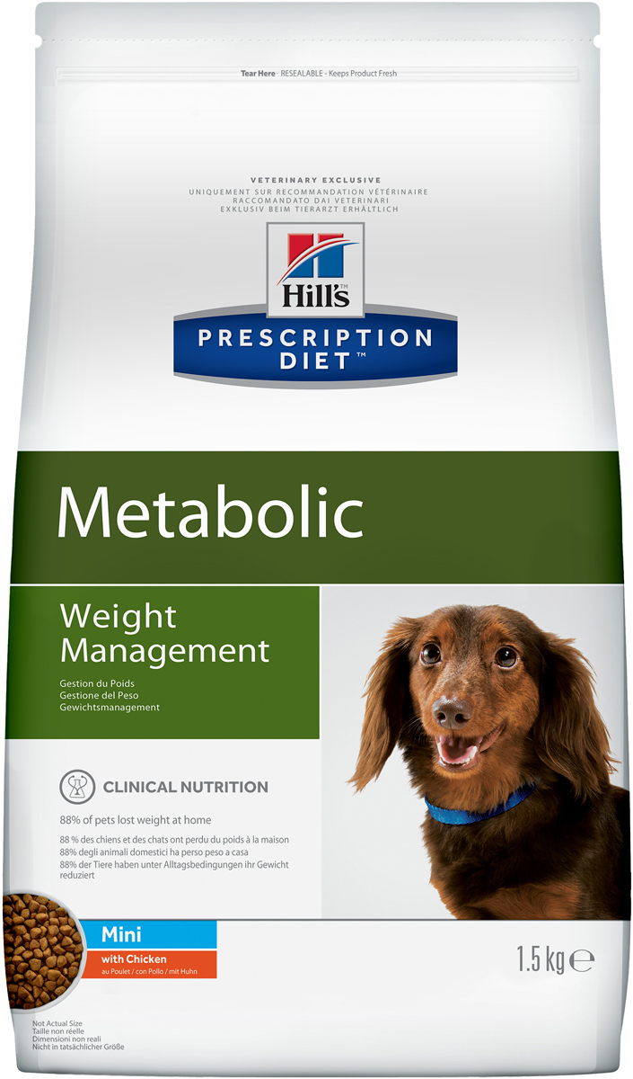 Корм сухой диетический Hills Metabolic для собак мелких пород, для коррекции веса, с курицей, 1,5 кг. 33530120710 Корм сухой диетический Hills Metabolic для собак мелких пород, для коррекции веса, с курицей, 1,5 кг. 33530120710Сухой диетический корм Hills Metabolic - полноценный диетический рацион для собак мелких пород, предназначенный для снижения избыточной массы тела и поддержания оптимального веса. Данный рацион обладает пониженной энергетической ценностью. Рацион для снижения и поддержания веса позволяет избежать повторного набора веса после прохождения программы по снижению веса.- Клинически доказанное снижение жировой массы на 28%.- Отличный вкус понравится вашему питомцу.Состав: злаки, производные растительного происхождения, мясо и производные животного происхождения, экстракты растительного белка, овощи, масла и жиры, семена, фрукты, минералы.Анализ: белок 26%, жир 11,3%, клетчатка 13,3%, зола 5,7%, кальций 0,84%, фосфор 0,62%, натрий 0,33%, калий 0,74%, магний 0,12%; на кг: витамин Е 657 мг, витамин С 122 мг, бета-каротин 2 мг.Добавки на кг: Е672 (витамин А) 27360 МЕ, Е671 (витамин D3) 1610 МЕ, Е1 (железо) 229 мг, Е2 (йод) 3,4 мг, Е4 (медь) 29 мг, Е5 (марганец) 114 мг, Е6 (цинк) 194 мг, Е8 (селен) 0,5 мг, с натуральным консервантом и натуральными антиоксидантами.Метаболическая энергия (рассчитываемая): 13 МДж на кг.Товар сертифицирован.Уважаемые клиенты! Обращаем ваше внимание на возможные изменения в дизайне упаковки. Качественные характеристики товара остаются неизменными. Поставка осуществляется в зависимости от наличия на складе.